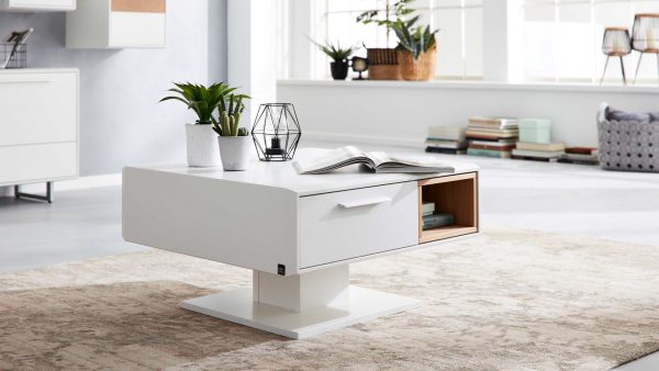 Der Interliving Wohnzimmer Serie 2102 - Couchtisch 510711, ein moderner weißer Couchtisch, wird mit einem offenen Buch, Topfpflanzen und geometrischem Dekor auf einem beigen Teppich in einem hellen Raum mit großen Fenstern und Regalen mit Büchern und Körben in Szene gesetzt.