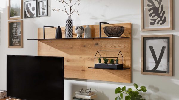 Das Interliving Wohnzimmer Serie 2022 - Wandregal WI-150R, ein schmales schwarzes Regal an einer holzgetäfelten Wand, enthält Vasen, eine Schale und ein geometrisches Pflanzgefäß mit kleinen Pflanzen. Auch gerahmte Kunst und ein Fernseher sind zu sehen.