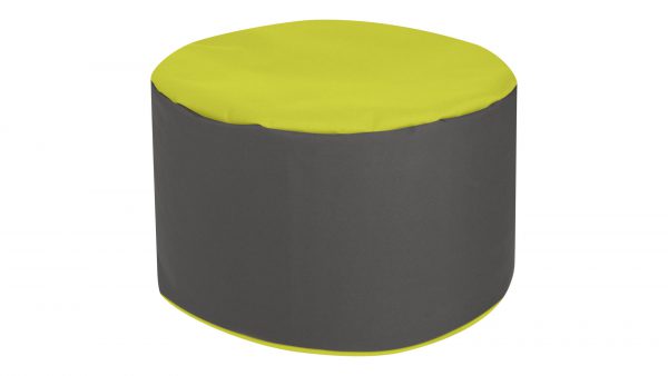 Der SITTING POINT Sitzsack-Hocker DotCom Bebop Scuba ist ein runder Hocker mit leuchtend gelber Ober- und Unterseite, dunkelgrauen Stoffseiten und einem einfachen, modernen Design.