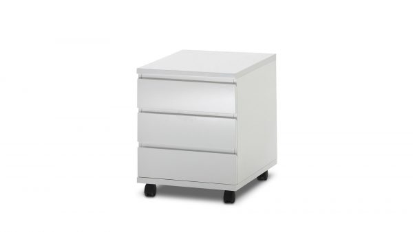 Der Rollcontainer als Büromöbel ist ein weißer Aktenschrank mit drei Schubladen und vier schwarzen Rollen, abgebildet auf einem schlichten weißen Hintergrund.