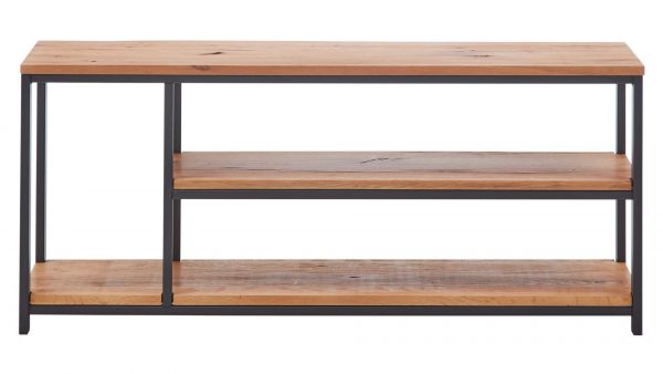 Das NIEHOFF Medienmöbel Vintage-Dining Lowboard besticht durch sein minimalistisches, offenes Design mit einer modernen, rechteckigen Form, einem schwarzen Metallrahmen und drei Holzböden.