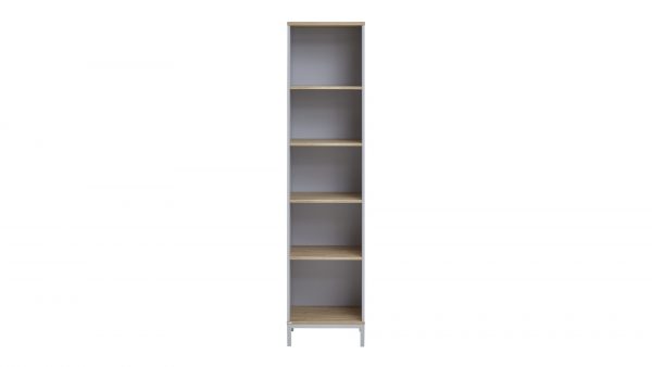 Das PAIDI Babyzimmerprogramm Benne Standregal ist ein hohes, schmales Bücherregal mit sechs gleichmäßig verteilten Holzböden und einem minimalistischen Design, das auf einem schlichten weißen Hintergrund abgebildet ist.
