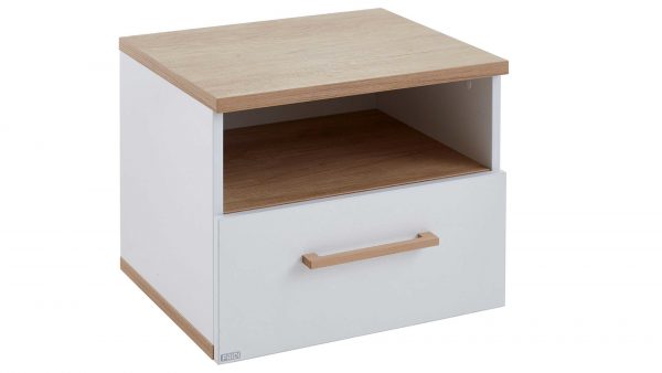 Das PAIDI Jugendzimmerprogramm Oscar - Nachtkommode ist ein moderner Nachttisch mit einer hellen Holzplatte, weißen Seiten, einem offenen Regal und einer Schublade mit Holzgriff. Sein Design ist einfach und minimalistisch.