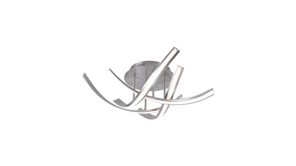Die Paul Neuhaus LED-Deckenleuchte Linda zeichnet sich durch ein modernes, abstraktes Design mit einem runden Sockel und mehreren geschwungenen silbernen Metallarmen aus, die jeweils mit integrierten LED-Streifen für eine zeitgemäße Deckenbeleuchtung ausgestattet sind.