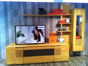 Die Wohnwand "Manzano" ist ein moderner Holzfernseher mit Flachbildfernseher, Regalen für rote Bücher, Vasen, Dekoartikel und einem Preisschild vor einer grau gestreiften Wand.