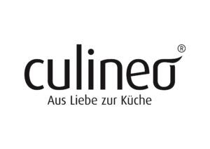Das Bild zeigt das culineo-Logo und darunter den deutschen Slogan Aus Liebe zur Küche, alles in schwarzer Schrift auf weißem Hintergrund.